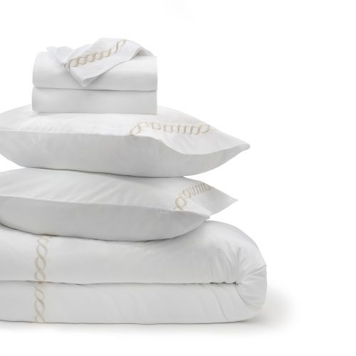 cable embroidered percale bedding bundle taupe